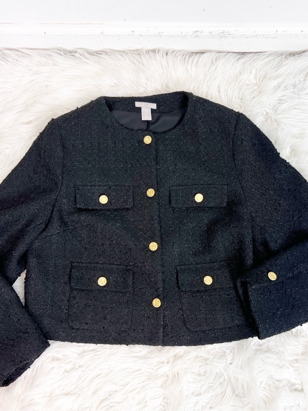 H&M BLACK BOUCLE TWEED BUTTON FRONT BLAZER JACKET WOMENS LARGE